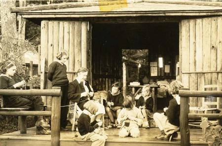 Campers knitting at Camp Kehonka in the 1940s