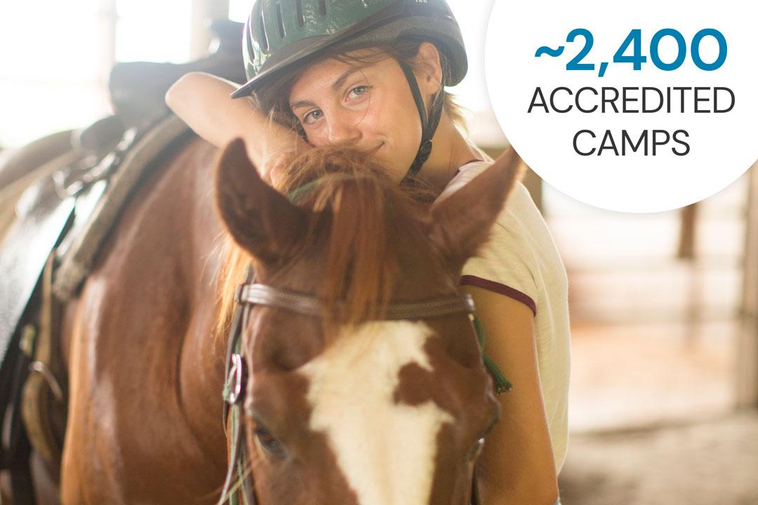 Photo of girl with horse and number of accredited camps in circle